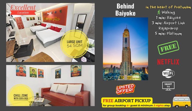 Family Hub Pratunam 3 FREE Airport pickup min 3nights and 4Adults stay